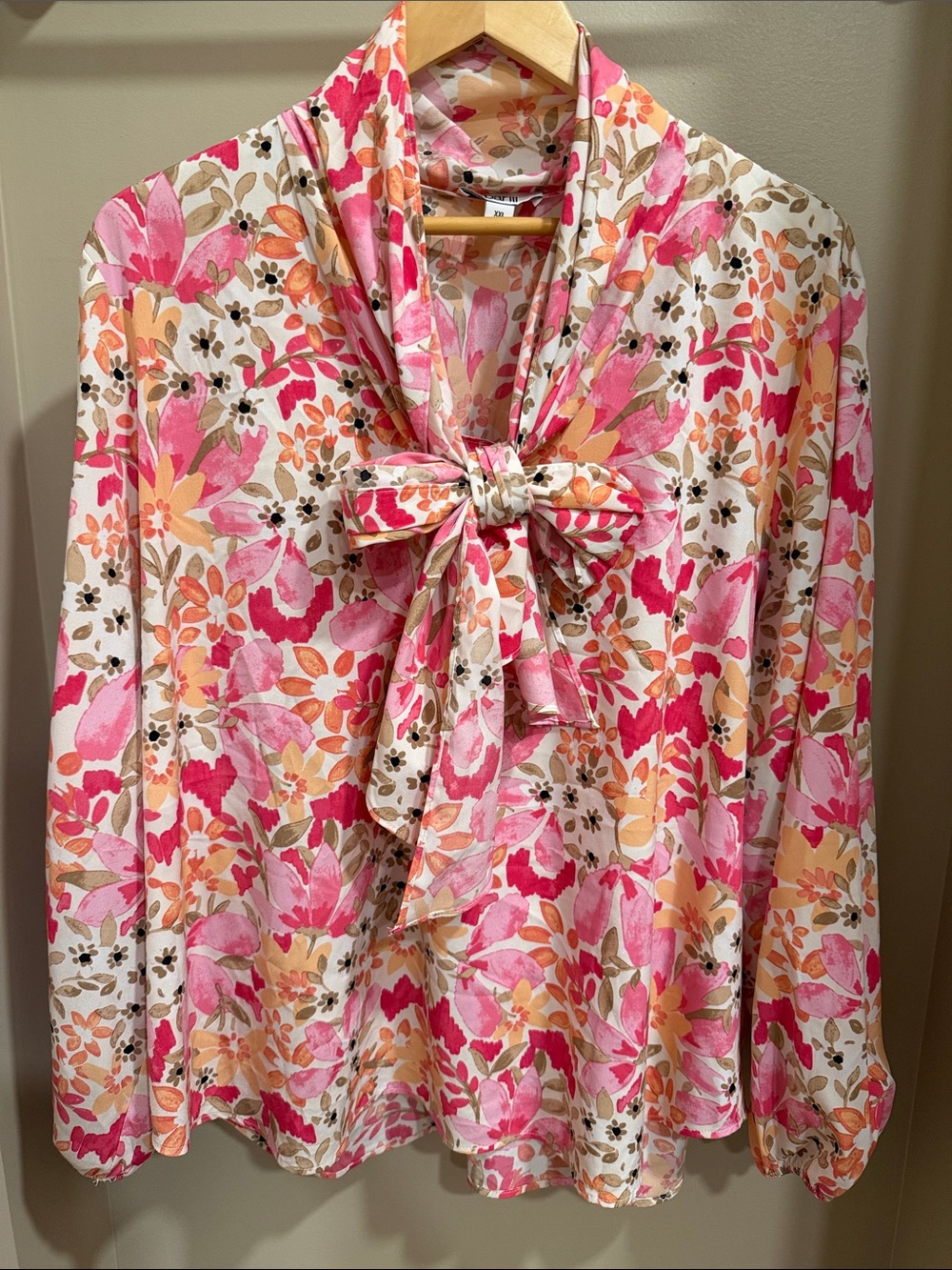 Bar III Floral Tie-Neck Blouse in Pink, Peach & Cream